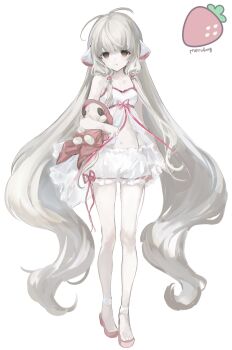  1girl absurdly_long_hair android antenna_hair artist_name atashi_(chobits) babydoll blonde_hair bloomers brown_eyes carrying carrying_under_arm chii chobits closed_mouth empire_waist expressionless food front_slit fruit full_body hair_tubes highres long_hair long_sidelocks looking_at_viewer low-tied_sidelocks robot_ears sidelocks simple_background solo standing stomach strawberry stuffed_toy toes toqha3247 underwear very_long_hair very_long_sidelocks white_babydoll white_background white_bloomers 