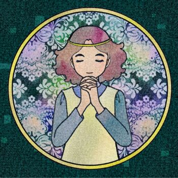  1girl arete arete_hime brown_hair circlet closed_eyes closed_mouth commentary_request dress eyelashes facing_viewer green_background highres long_sleeves own_hands_clasped own_hands_together round_image sassan888 short_hair smile solo 