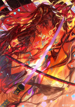  2boys absurdres baicumikuo black_hair breath_weapon breathing_fire brothers chinese_commentary commentary_request crossed_swords duel earrings face-to-face fire floating_hair hanafuda_earrings haori high_ponytail highres holding holding_sword holding_weapon japanese_clothes jewelry katana kimetsu_no_yaiba long_hair male_focus multiple_boys parted_bangs parted_lips ponytail red_eyes red_theme siblings sword sword_fight tsugikuni_michikatsu tsugikuni_yoriichi upper_body very_long_hair warm_colored watermark weapon weibo_watermark 