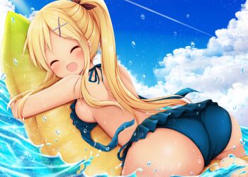 1girl :d ^_^ ass bikini blonde_hair blue_bikini blush breasts closed_eyes cloud day female_focus frilled_bikini frills hair_ornament halterneck highres hugging_object kin-iro_mosaic kujou_karen long_hair medium_breasts minato_ojitan open_clothes open_mouth outdoors ponytail sky smile solo sunlight swimsuit untied_bikini very_long_hair water water_drop x_hair_ornament rating:Sensitive score:77 user:danbooru