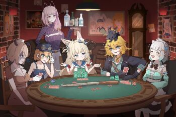  6+girls absurdres ahoge alcohol animal_ear_fluff animal_ears antennae arthropod_girl arthropod_limbs black_gloves black_jacket blonde_hair blue_eyes blue_streaks bow card cat_ears check_weapon clock cockroach_girl densetsu.exe dokibird dokibird_(bounty_hunter) dooby dooby_(1st_costume) dragoon_(dokibird) dress feather_hair gambling gloves gradient_hair grandfather_clock green_eyes green_hair gun hair_bow hair_ornament hat highres holding holding_tray indie_virtual_youtuber ithaca_m37 jacket lifebuoy_hair_ornament long_hair low_twintails maid_headdress matara_kan matara_kan_(casual) medium_hair mint_fantome mint_fantome_(minto_2.0) monster_girl multicolored_hair multiple_girls neckerchief nimi_nightmare nurse_cap open_mouth picture_frame pink_hair playing_card poker_chip poker_table pump_action rarumi9 roulette sameko_saba sameko_saba_(1st_costume) shirt short_hair shotgun smile streaked_hair table tapir_ears tapir_girl tray twintails very_long_hair virtual_youtuber weapon weapon_request white_dress white_hair x_hair_ornament 