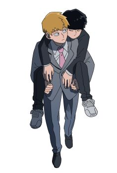  2boys bithmath black_eyes black_hair blonde_hair bowl_cut carrying carrying_person closed_eyes commentary_request expressionless formal_clothes full_body gakuran grey_suit head_on_another's_shoulder highres kageyama_shigeo looking_at_another male_focus mob_psycho_100 multiple_boys necktie partial_commentary piggyback pink_necktie reigen_arataka salt_middle_school_uniform school_uniform shoes sleeping sneakers suit walking white_background 