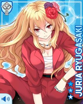  1girl blonde_hair blue_background brass_knuckles breasts card_(medium) character_name chest_sarashi cleavage coat flower girlfriend_(kari) hair_flower hair_ornament jacket jewelry long_hair looking_at_viewer necklace official_art pants qp:flapper red_eyes red_jacket red_pants ryugasaki_juria sarashi shirt solo squatting straight-on tokkoufuku v-shaped_eyebrows weapon 