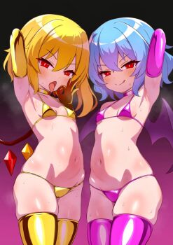  2girls alternate_costume arm_up arms_behind_head bat_wings bikini black_background blush breast_press breasts closed_mouth collarbone cowboy_shot dot_nose elbow_gloves eyebrows eyelashes fellatio_gesture female_focus flandre_scarlet gloves gradient_background hand_up highres licking_lips loli looking_at_viewer medium_hair mesugaki multiple_girls naughty_face navel open_mouth pink_bikini pink_gloves pink_thighhighs purple_background red_eyes remilia_scarlet siblings siglk simple_background sisters small_breasts smile smug standing swimsuit symmetrical_docking thighhighs tongue tongue_out touhou two-tone_background vampire wings yellow_bikini yellow_gloves yellow_thighhighs  rating:Questionable score:395 user:Only_Kemonomimi