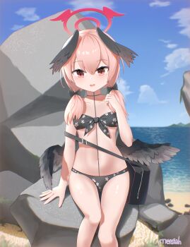  1girl absurdres arm_at_side artist_name bag beach bikini black_bag black_bikini black_bow black_choker black_wings blue_archive blue_sky blurry blurry_background blush bow breasts choker clenched_hand cloud collarbone commentary day double-parted_bangs feathered_wings feet_out_of_frame floral_print floral_print_bikini front-tie_bikini_top front-tie_top hair_between_eyes hair_bow halo hand_up head_wings highres koharu_(blue_archive) koharu_(swimsuit)_(blue_archive) long_hair looking_at_viewer low_twintails low_wings mensiah navel ocean official_alternate_costume official_alternate_hairstyle on_rock open_mouth outdoors pink_hair print_bikini red_eyes red_halo rock shiny_skin sidelighting sitting sky small_breasts smile solo stomach strapless strapless_bikini swimsuit thighs tsurime twintails winged_halo wings 