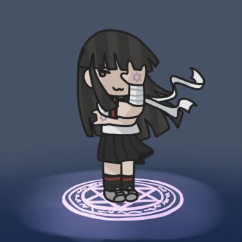  1girl :3 \m/ bandaged_arm bandages black_hair black_skirt chuunibyou dress ferret-san full_body hatsuyuki_(kancolle) hatsuyuki_kai_ni_(kancolle) hexagram highres kantai_collection magic_circle no_nose pleated_dress skirt smile solo standing star_of_david 