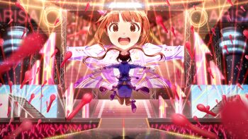  english_text game_cg gloves glowstick high_heels idolmaster idolmaster_million_live! idolmaster_million_live!_theater_days matsuda_arisa midair monitor official_art open_mouth outstretched_arms red_eyes red_hair stage_lights twintails  rating:General score:0 user:shamga