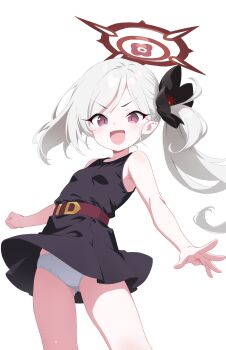 1girl :d absurdres alternate_costume asymmetrical_hair bare_arms belt belt_buckle black_dress black_flower black_scrunchie blue_archive breasts buckle c-r-carlos chinese_commentary clenched_hand commentary_request cowboy_shot dot_nose dress floating_clothes floating_hair flower hair_flower hair_ornament hair_scrunchie halo highres leaning_back light_blush loli long_hair looking_at_viewer mutsuki_(blue_archive) open_hand open_mouth outstretched_arm panties parted_bangs pointy_ears purple_eyes red_belt red_halo scrunchie short_dress side_ponytail simple_background sleeveless sleeveless_dress slit_pupils small_breasts smile solo spread_fingers standing underwear v-shaped_eyebrows white_background white_hair white_panties rating:Sensitive score:56 user:danbooru