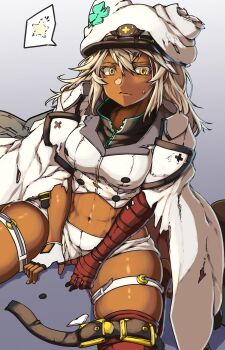  1girl abs bandaged_arm bandages blonde_hair breasts cape closed_mouth clover commentary_request crop_top dark-skinned_female dark_skin dutch_angle fingerless_gloves four-leaf_clover gloves gradient_background grey_background guilty_gear guilty_gear_strive hair_between_eyes hat highres long_hair looking_at_viewer medium_breasts midriff navel posty_postino ramlethal_valentine shirt short_shorts shorts single_fingerless_glove sitting skindentation solo spoken_star star_(symbol) sweatdrop thigh_strap toned toned_female torn_clothes wavy_mouth white_cape white_gloves white_hat white_shirt white_shorts yellow_eyes 