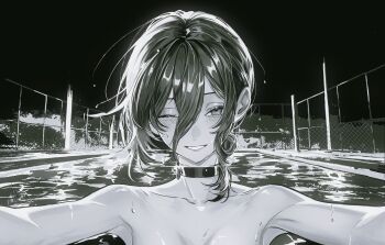  1girl armpits blush chainsaw_man choker commentary_request grenade_pin greyscale hair_between_eyes highres hrak_mumi looking_at_viewer monochrome night one_eye_closed partially_submerged pool reze_(chainsaw_man) skinny_dipping smile solo teeth twitter_username wet wet_hair 