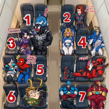  5boys 6+boys airplane_interior armor armored_boots black_hair black_widow blonde_hair blue_eyes blush bodysuit boots cape captain_america chair closed_eyes closed_mouth commentary crossed_arms deadpool embarrassed english_commentary english_text frown green_cape hand_on_own_cheek hand_on_own_face helmet highres indoors iron_man jeff_(marvel) johnny_storm kiss leotard loki_(marvel) long_hair looking_at_viewer luna_snow mantis_(marvel) marvel marvel_rivals meme multicolored_hair multiple_boys neggoartz on_chair patting psylocke purple_leotard purple_thighhighs red_hair red_mask shark short_hair sitting sleeping smile spider-man split-color_hair sue_storm talking thighhighs venom_(marvel) where_are_you_sitting_(meme) white_hair 