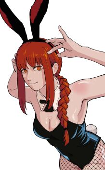  1girl animal_ear_hairband animal_ears armpits black_leotard braid braided_ponytail breasts chainsaw_man cleavage commentary detached_collar eyebrows_hidden_by_hair fake_animal_ears fake_tail fishnet_pantyhose fishnets goldenpenhd hair_over_shoulder hairband highres large_breasts leotard long_hair makima_(chainsaw_man) orange_eyes pantyhose playboy_bunny rabbit_ear_hairband rabbit_ears rabbit_tail red_hair ringed_eyes sidelocks single_braid smile solo strapless strapless_leotard tail 