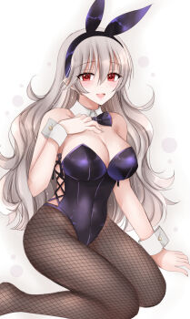  1girl :d alternate_costume animal_ears bare_arms bare_shoulders blush bow bowtie breasts brown_hair brown_pantyhose cleavage collarbone commentary_request covered_navel fake_animal_ears female_corrin_(fire_emblem) fire_emblem fire_emblem_fates fishnet_pantyhose fishnets hair_between_eyes hairband hand_on_own_chest hand_up highres kirishima_riona large_breasts leotard long_hair looking_at_viewer nintendo no_shoes open_mouth pantyhose playboy_bunny purple_bow purple_bowtie purple_hairband purple_leotard rabbit_ears red_eyes smile solo strapless strapless_leotard very_long_hair wrist_cuffs 
