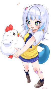  1girl animal bandaid bandaid_on_leg bird black_socks blue_eyes blue_neckerchief blue_skirt blush_stickers brown_shoes chicken collared_shirt commentary fins fish_tail foreshortening full_body gawr_gura grey_hair hair_bobbles hair_ornament haro_(1026_86) highres holding holding_animal hololive hololive_english long_hair miniskirt multicolored_hair neckerchief one_side_up open_mouth shark_girl shark_tail shirt shoes short_sleeves simple_background skirt smile socks solo standing star-shaped_pupils star_(symbol) sticker_on_leg streaked_hair sweater_vest symbol-only_commentary symbol-shaped_pupils tail virtual_youtuber white_background white_shirt yellow_pupils yellow_sweater_vest 
