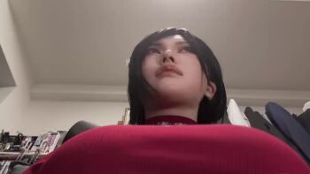  1girl ada_wong ada_wong_(cosplay) animated black_hair blurry blurry_background bouncing_breasts breasts capcom cosplay cosplay_photo female_focus harness highres indoors large_breasts long_sleeves photo_(medium) real_life red_sweater resident_evil resident_evil_4 resident_evil_4_(remake) ribbed_sweater solo sumire9144 sweater turtleneck turtleneck_sweater video 