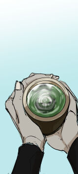  1boy 1other absurdres black_hair black_shirt censored censored_identity coat commentary_request cup expressionless gj9158 highres holding holding_cup kim_dokja korean_commentary omniscient_reader's_viewpoint pov pov_hands reflection reflection_focus ripples shirt short_hair swirl white_coat yoo_joonghyuk 