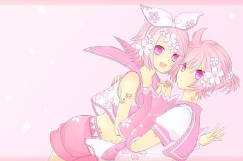  1boy 1girl agi_(kankarado) alternate_eye_color alternate_hair_color bow brother_and_sister detached_sleeves floral_print floral_print_shirt flower hair_bow hair_flower hair_ornament hand_grab kagamine_len kagamine_rin looking_at_viewer number_tattoo pink_background pink_eyes pink_hair pink_sailor_collar pink_theme sailor_collar sakura_len sakura_rin siblings tattoo third-party_source twins vocaloid 