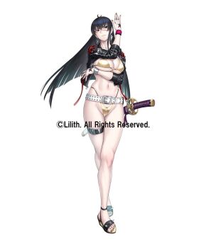  1girl alternate_costume bikini black_hair breasts curvy full_body gold_bikini highleg highleg_bikini highres jigokumaru_akira katana large_breasts lilith-soft long_hair official_alternate_costume official_art shiny_skin simple_background swimsuit sword taimanin_(series) taimanin_rpgx thong thong_bikini weapon wide_hips yuuji_(and)  rating:Questionable score:9 user:jojosstand