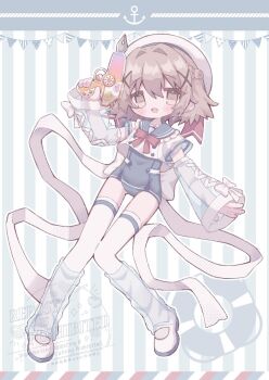  1girl :d blue_one-piece_swimsuit blue_sailor_collar blush bow bowtie brown_eyes brown_hair commentary cropped_shirt detached_sleeves double-parted_bangs frilled_sailor_collar frills full_body hair_between_eyes hair_intakes hair_ornament hat hidamari_sketch highres holding holding_water_gun leg_warmers long_sleeves looking_at_viewer one-piece_swimsuit open_mouth red_bow red_bowtie sailor_collar sailor_shirt school_swimsuit see-through_clothes see-through_legwear see-through_sleeves serasuku shirt shoes short_hair short_sleeves smile solo standing striped_background swimsuit thighhighs vertical-striped_background water_gun watermark white_hat white_shirt white_shoes white_thighhighs x_hair_ornament yuino_ruria yuno_(hidamari_sketch) 