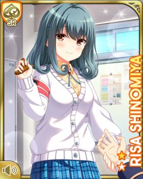 1girl armband blazer blue_jacket blue_skirt bow brown_eyes card_(medium) cardigan character_name closed_mouth day girlfriend_(kari) green_hair indoors jacket japanese_text official_art orange_shirt plaid_clothes plaid_skirt pout qp:flapper red_bow school school_uniform shinomiya_risa shirt skirt tagme translation_request white_cardigan