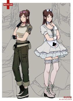  1girl ace_attorney alternate_costume amikoiiko ankle_boots apollo_justice:_ace_attorney apron belt belt_buckle black_belt black_gloves boots border breasts brown_hair buckle bulletproof_vest choker cleavage closed_mouth collarbone copyright_name cosplay cross cross-laced_clothes dress earrings ema_skye eyewear_on_head fanny_pack fingerless_gloves frilled_choker frilled_dress frilled_thigh_strap frills full_body glasses gloves green_boots green_eyes green_pants green_ribbon green_shirt half_updo hand_on_own_elbow hat heart heart_print highres inverted_cross jewelry lace-up_boots light_smile long_hair looking_at_viewer maid_apron multicolored_boots multiple_views nurse nurse_cap pants pants_rolled_up pink-tinted_eyewear pink_choker pink_wrist_cuffs pocket puffy_short_sleeves puffy_sleeves rebecca_chambers rebecca_chambers_(cosplay) rebecca_chambers_(nurse) red_cross resident_evil resident_evil_0 ribbon s.t.a.r.s._uniform shirt short_sleeves simple_background socks solo strap stud_earrings sunglasses thigh_strap tinted_eyewear two-tone_boots waist_apron watch white-framed_eyewear white_apron white_boots white_border white_choker wrist_cuffs wristwatch zoom_layer 