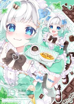  1girl ahoge blue_eyes bow chocolate commentary cup cupcake densetsu.exe dress fang food fujishiro_kazuha gradient_hair green_dress green_hair green_sleeves hair_ornament holding holding_tray ice_cream ice_cream_cone maid maid_headdress mint mint_chocolate mint_fantome multicolored_hair open_mouth plate pointy_ears short_hair short_twintails skin_fang smile spoon symbol-only_commentary tea teacup thigh_strap tray triangular_headpiece twintails virtual_youtuber white_hair x_hair_ornament 