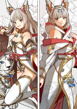  2girls animal_ear_fluff animal_ears blue_eyes border breasts cat cat_ears cat_girl cleavage commentary_request dromarch_(xenoblade) dual_persona facial_mark gloves gold_trim grey_hair highres leotard long_hair looking_at_viewer looking_to_the_side multiple_girls nia_(blade)_(xenoblade) nia_(xenoblade) rico_ot rope shimenawa small_breasts smile standing v whisker_markings white_background white_border white_gloves wide_sleeves xenoblade_chronicles_(series) xenoblade_chronicles_2 xenoblade_chronicles_3 yellow_eyes 