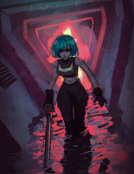  1girl aqua_eyes aqua_hair artist_name backlighting bare_arms cargo_pants chainsword commentary concrete crop_top english_commentary frown gloves head-mounted_display highres holding holding_sword holding_weapon industrial motorslice navel nose p_(motorslice) painterly pants potassiumhere red_light reflection reflective_liquid serious short_hair sideways_glance sketch solo sword tank_top wading walking water weapon 