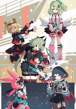  6+girls animal_ears aria_(zenless_zone_zero) arm_garter arm_warmers bandaid bandaid_hair_ornament bare_shoulders black-framed_eyewear black_gloves black_jacket black_necktie black_sclera black_shorts black_skirt black_tube_top blonde_hair blue_eyes blush bow burnice_white caesar_king_(zenless_zone_zero) closed_eyes colored_inner_hair colored_sclera commentary_request cropped_jacket dress earrings eyewear_on_head fingerless_gloves fingernails fur-trimmed_jacket fur-trimmed_skirt fur_trim garter_straps gloves green_bow green_eyes green_hair green_halo grin hair_bow hair_ornament halo heart heart_hair_ornament high-waist_shorts highres holding holding_megaphone hug humanoid_robot jacket jane_doe_(zenless_zone_zero) jewelry leg_warmers long_hair megaphone miri_(cherryjelly) mouse_ears mouse_girl mouse_tail multicolored_hair multiple_girls multiple_hair_bows multiple_hair_clips musical_note_earrings nangong_yu necktie notched_ear on_one_knee open_mouth orange_eyes pantyhose pink_arm_warmers pink_bag pink_bow pink_leg_warmers polka_dot polka_dot_bow ponytail prosthesis prosthetic_arm red-tinted_eyewear red_eyes red_nails red_necktie robot robot_girl shirt short_twintails shorts single_garter_strap single_leg_pantyhose single_thighhigh skirt smile sparkle spiked_belt spiked_jacket standing strapless striped_arm_warmers striped_leg_warmers sunglasses sunna_(zenless_zone_zero) tail thighhighs tinted_eyewear torn_clothes torn_pantyhose tube_top twintails twitter_username two-tone_necktie white_dress white_shirt white_wings winged_bag wings zenless_zone_zero 