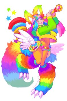  angel_wings animal_ears bead_belt belt blue_hair blunt_bangs blunt_sidelocks boots bow colorful decora fake_claws fang floating_hair freckles fur_boots hair_bow hair_ornament hairclip hammer highres holding holding_hammer katherine_murray low_wings magical_girl multicolored_eyes multicolored_hair original pink_hair rainbow_eyes rainbow_tail sidelocks standing standing_on_one_leg star_(symbol) star_hair_ornament sticker sticker_on_face tail wings 