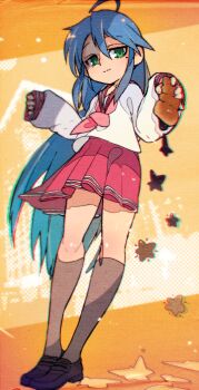  1girl :3 ahoge blue_hair chromatic_aberration female_focus food full_body green_eyes highres idkuroi izumi_konata loafers long_hair looking_at_viewer lucky_star mole mole_under_eye pleated_skirt ryouou_school_uniform school_uniform serafuku shoes skirt solo very_long_hair yellow_neckwear  rating:General score:23 user:danbooru