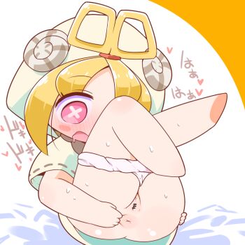  1girl anus ass bar_censor blonde_hair blush bright_pupils cello_(20000) censored character_request cleft_of_venus drooling female_focus hands_on_own_hips hat japanese_text legs_together legs_up loli mouth_drool no_feet one_eye_covered open_mouth panties panty_pull pink_eyes presenting_anus pussy solo sweat symbol-shaped_pupils underwear webp-to-png_conversion white_panties white_pupils x-shaped_pupils 