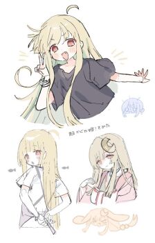  >_< 2girls :d ahoge apron black_shirt blonde_hair bracelet chibi chibi_inset cho_kaguya-hime! closed_mouth crescent crescent_hair_ornament cropped_torso fang front_bow green_kimono hair_ornament haori japanese_clothes jewelry kaguya_(cho_kaguya-hime!) kimono looking_at_viewer looking_back multiple_girls multiple_views napenasupe open_mouth orange_eyes pink_haori sakayori_iroha shirt short_sleeves smile straight_hair t-shirt translation_request tying_apron v v-shaped_eyebrows xd 