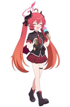  1girl black_boots black_horns blue_archive blush boots closed_eyes demon_horns demon_wings drink food full_body halo highres holding holding_drink holding_food horns junko_(blue_archive) long_hair necktie open_mouth plaid_clothes plaid_skirt pleated_skirt qusouzu_mogari red_hair red_halo red_necktie red_skirt red_wings short_sleeves simple_background skirt smile solo twintails white_background wings  rating:General score:7 user:danbooru