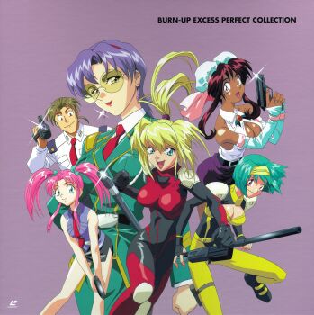  1990s_(style) 1boy 5girls artist_request belt blonde_hair blue_eyes blue_hair bodysuit breasts brooch brown_hair bun_cover burn-up burn-up_excess cleavage cleavage_cutout clothing_cutout copyright_name cover crystal_earrings dark_skin detached_sleeves double_bun dvd_cover earrings elbow_gloves glasses glint gloves green_hair gun hair_bun hairband handgun headband highres jewelry jinguu_maya kawazaki_maki kinezono_rio lilica_evett logo long_hair medium_breasts multiple_girls nanvel_candlestick naruo_yuji necktie non-web_source official_art open_mouth pink_hair police police_uniform policewoman purple_background purple_eyes retro_artstyle ribbon rifle shirt short_hair simple_background skirt smile tonfa twintails weapon 