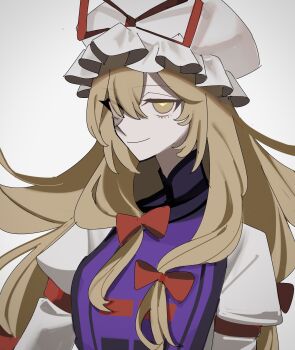  1girl 950magi618 blonde_hair bow closed_mouth commentary dress hair_bow hat hat_ribbon highres long_hair looking_at_viewer mob_cap purple_tabard red_bow red_ribbon ribbon smile solo tabard touhou upper_body white_dress white_hat yakumo_yukari 