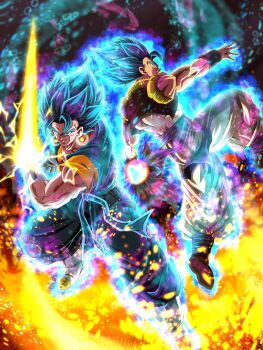  2boys arm_blade aura black_vest blue_eyes blue_hair blue_pants blue_shirt boots commentary_request cropped_vest dougi dragon_ball dragon_ball_super energy_ball energy_blade full_body gloves gogeta highres hiro_(udkod1ezlyi2flo) male_focus metamoran_vest multiple_boys muscular muscular_male no_shirt open_clothes open_vest orange_shirt pants shirt spiked_hair super_saiyan super_saiyan_blue torn_clothes torn_pants torn_vest vegetto vest weapon white_boots white_gloves white_pants 