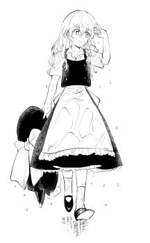  1girl :/ bow braid buttons commentary_request full_body greyscale hair_bow hand_in_own_hair hand_up hat highres holding holding_unworn_clothes holding_unworn_hat kirisame_marisa long_hair looking_to_the_side monochrome natsume_(menthol) shirt shoes single_braid socks solo touhou unworn_hat unworn_headwear vest walking wet wet_clothes white_background witch_hat 