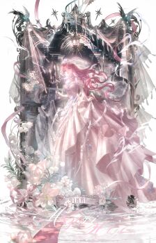  1girl absurdres banner bone bridal_veil bride brown_eyes bug butterfly candle candlestand character_name curtains dress fire floating_hair full_body gloves highres holding holding_candle impasto infinity_nikki insect jiaopiupiu lantern light_particles long_hair nameless_selfless_(infinity_nikki) nikki_(nikki) nikki_(series) off-shoulder_dress off_shoulder official_alternate_costume parted_lips picture_frame pillar pink_hair pleated_dress skirt_hold solo stairs standing standing_on_liquid veil very_long_hair wavy_hair wedding_dress white_background white_dress white_gloves white_veil wind 