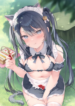  1girl :p animal_ear_fluff animal_ears aotsu_karin apron black_bra black_dress black_hair blurry blush bow bra breasts cake cat_ears cat_girl cat_tail closed_mouth collared_dress commentary_request day depth_of_field dress eating food fruit grass grey_eyes hair_between_eyes hair_bow highres holding holding_food leaf long_hair looking_at_viewer maid maid_apron maid_headdress navel original outdoors picnic_basket sandwiched sidelocks sitting small_breasts smile solo strawberry strawberry_shortcake tail thighhighs tongue tongue_out tree_stump twintails underwear white_apron white_bow white_thighhighs 