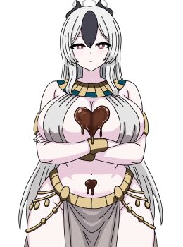  1girl alternate_costume arms_under_breasts black_hair blue_archive blush breasts bright_pupils candy chocolate chocolate_heart chocolate_on_body cleavage crossed_arms food food_on_body grey_shirt grey_skirt halo harem_outfit heart horns huge_breasts kayoko_(blue_archive) long_hair multicolored_hair pelvic_curtain poketto_(gimjuhyeon65579) red_eyes shirt skirt solo standing two-tone_hair usekh_collar white_background white_hair white_pupils wide_hips 