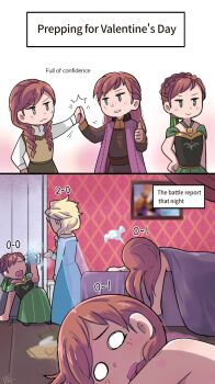  4girls anna_(frozen) before_and_after blonde_hair blue_dress braid chibi chibi_only commentary_request defeat demonfencer dress drooling dual_persona elsa_(frozen) english_text freckles frozen_(disney) green_dress green_eyes green_skirt grin hand_on_own_hip high_five highres ice incest jacket long_hair long_skirt long_sleeves magic multiple_girls no_eyes nude on_bed pleated_skirt purple_jacket shirt siblings sisters skirt smile teeth thumbs_up twin_braids valentine vest white_shirt yellow_vest yuri 