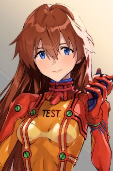  1girl blue_eyes bodysuit breasts brown_hair commentary evangelion:_2.0_you_can_(not)_advance hair_between_eyes hair_down highres interface_headset_(evangelion) long_hair mecha_pilot_suit medium_breasts multicolored_bodysuit neon_genesis_evangelion orange_bodysuit plugsuit_(evangelion) rebuild_of_evangelion red_bodysuit skin_tight smile solo souryuu_asuka_langley test_plugsuit_(evangelion) unworn_headwear upper_body very_long_hair yagisawa_teru  rating:Sensitive score:12 user:danbooru