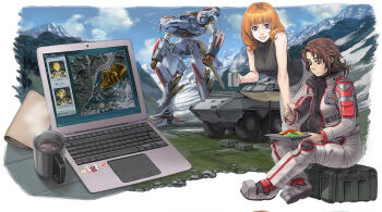  2girls armored_core armored_core:_brave_new_world armored_core_3 armored_personnel_carrier armored_vehicle bodysuit box brown_eyes brown_hair chocolate coffee computer computer_keyboard container cup double_heart eating female_focus food fromsoftware laptop mature_female mecha military military_uniform military_vehicle motor_vehicle mountain multiple_girls napkin on_box orange_hair plate purple_eyes robot sitting sitting_on_box snow spoon vehicle victoria_(armored_core) 