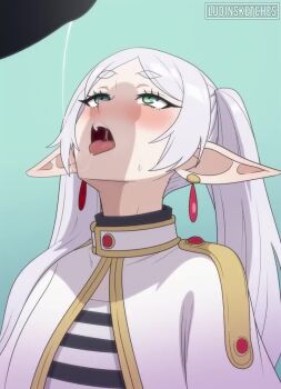  1boy 1girl after_fellatio animated blush breath earrings elf erection frieren green_eyes grey_hair head_back heavy_breathing hetero jewelry jubi_(voice_actor) long_hair long_pointy_ears looking_at_penis looking_up ludinsketches meme open_mouth parted_bangs penis penis_awe penis_shadow pointy_ears saliva saliva_trail sound sousou_no_frieren teardrop_earrings tongue tongue_out twintails upper_body upward_angle_frieren_drawing_(meme) video 