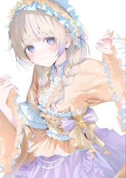  1girl blonde_hair braid choker frilled_sleeves frills hair_ornament hairband hashtag-only_commentary heart heart_choker highres hololive hololive_dev_is japanese_clothes kimono lolita_hairband long_hair looking_at_viewer low_twin_braids orange_kimono purple_eyes purple_hair ryuya simple_background smile solo todoroki_hajime todoroki_hajime_(new_year) twin_braids virtual_youtuber white_background 