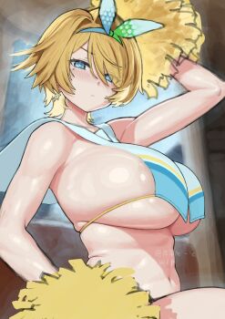  1girl arm_up blue_eyes blush bow_hairband breasts cheerleader closed_mouth earrings girls'_frontline girls'_frontline_2:_exilium hairband highres holding holding_pom_poms huge_breasts jewelry maruko_tooto mole mole_under_eye navel nikketa_(girls'_frontline_2) pom_pom_(cheerleading) pom_poms sideboob sitting snowflake_earrings solo two-tone_hairband unfinished vsk-94_(dance_like_the_blazing_sun)_(girls'_frontline) vsk-94_(girls'_frontline) 