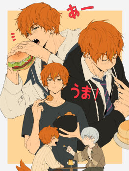  2boys absurdres animal_ears aoyagi_touya black_jacket blonde_hair blue_hair booo!_(vocaloid) border bowl burger chopsticks closed_mouth collared_shirt commentary_request crew_neck diagonal-striped_clothes diagonal-striped_necktie dog_boy dog_ears dog_tail drawstring ear_chain earrings eating facing_another feeding fingernails food fork green_eyes hair_between_eyes hair_ornament hairpin hands_up highres hingu_09 holding holding_bowl holding_burger holding_food holding_fork hood hood_down hooded_jacket jacket jewelry kamiyama_high_school_uniform_(project_sekai) korean_commentary linked_piercing long_sleeves looking_at_viewer male_focus mole mole_under_eye multicolored_hair multiple_boys multiple_views necktie notice_lines official_alternate_costume official_alternate_hairstyle open_clothes open_jacket open_mouth orange_background orange_hair outside_border piercing project_sekai pudding rise_as_one!_(project_sekai) school_uniform shinonome_akito shirt short_hair short_sleeves smile streaked_hair striped_clothes t-shirt table tail teeth two-tone_background upper_body utensil_in_mouth 