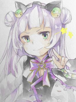  1girl blunt_bangs blush bow breasts closed_mouth commentary_request creature double_bun female_focus flat_chest green_eyes hair_bun hand_up hat hololive long_hair long_sleeves looking_at_viewer murasaki_shion murasaki_shion_(qi_idol) official_alternate_costume purple_hair shiranui_flare_(artist) small_breasts smile solo star_(symbol) traditional_media twintails virtual_youtuber white_background white_sleeves witch_hat yellow_eyes yin_yang 