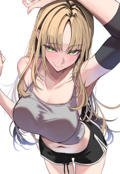  1girl arm_up armpits black_shorts black_streaks blonde_hair braid breasts closed_mouth commentary_request curtained_hair fang green_eyes grey_tank_top hand_up highres hololive hololive_dev_is koganei_niko large_breasts long_hair looking_at_viewer midriff navel omoti_(1201208) short_shorts shorts side_braid simple_background skin_fang slit_pupils smile solo tank_top virtual_youtuber white_background 